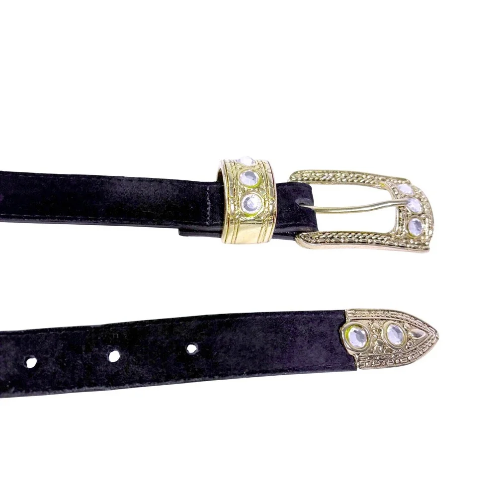 Western Belt Womens L 32 Black Rhinestone Gold Tone Suede Leather Cowgirl Vtg